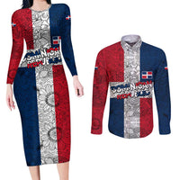 Dominican Republic Flag Couples Matching Long Sleeve Bodycon Dress and Long Sleeve Button Shirt Red White and Blue Pattern with National Emblem and Tribal Design - Wonder Print Shop
