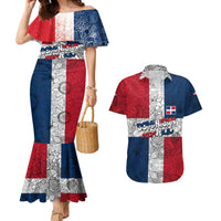 Dominican Republic Flag Couples Matching Mermaid Dress and Hawaiian Shirt Red White and Blue Pattern with National Emblem and Tribal Design - Wonder Print Shop