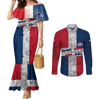 Dominican Republic Flag Couples Matching Mermaid Dress and Long Sleeve Button Shirt Red White and Blue Pattern with National Emblem and Tribal Design - Wonder Print Shop