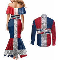 Dominican Republic Flag Couples Matching Mermaid Dress and Long Sleeve Button Shirt Red White and Blue Pattern with National Emblem and Tribal Design - Wonder Print Shop