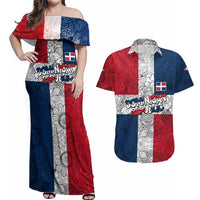 Dominican Republic Flag Couples Matching Off Shoulder Maxi Dress and Hawaiian Shirt Red White and Blue Pattern with National Emblem and Tribal Design - Wonder Print Shop