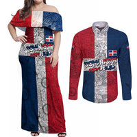Dominican Republic Flag Couples Matching Off Shoulder Maxi Dress and Long Sleeve Button Shirt Red White and Blue Pattern with National Emblem and Tribal Design - Wonder Print Shop