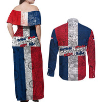 Dominican Republic Flag Couples Matching Off Shoulder Maxi Dress and Long Sleeve Button Shirt Red White and Blue Pattern with National Emblem and Tribal Design - Wonder Print Shop