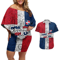 Dominican Republic Flag Couples Matching Off Shoulder Short Dress and Hawaiian Shirt Red White and Blue Pattern with National Emblem and Tribal Design - Wonder Print Shop
