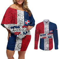 Dominican Republic Flag Couples Matching Off Shoulder Short Dress and Long Sleeve Button Shirt Red White and Blue Pattern with National Emblem and Tribal Design - Wonder Print Shop