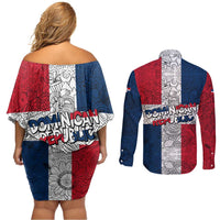 Dominican Republic Flag Couples Matching Off Shoulder Short Dress and Long Sleeve Button Shirt Red White and Blue Pattern with National Emblem and Tribal Design - Wonder Print Shop