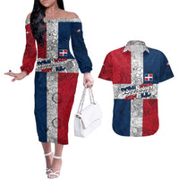 Dominican Republic Flag Couples Matching Off The Shoulder Long Sleeve Dress and Hawaiian Shirt Red White and Blue Pattern with National Emblem and Tribal Design - Wonder Print Shop