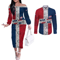 Dominican Republic Flag Couples Matching Off The Shoulder Long Sleeve Dress and Long Sleeve Button Shirt Red White and Blue Pattern with National Emblem and Tribal Design - Wonder Print Shop