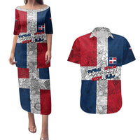 Dominican Republic Flag Couples Matching Puletasi and Hawaiian Shirt Red White and Blue Pattern with National Emblem and Tribal Design - Wonder Print Shop