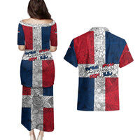 Dominican Republic Flag Couples Matching Puletasi and Hawaiian Shirt Red White and Blue Pattern with National Emblem and Tribal Design - Wonder Print Shop