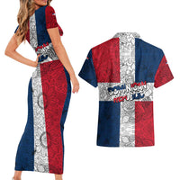 Dominican Republic Flag Couples Matching Short Sleeve Bodycon Dress and Hawaiian Shirt Red White and Blue Pattern with National Emblem and Tribal Design - Wonder Print Shop