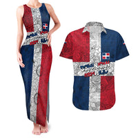 Dominican Republic Flag Couples Matching Tank Maxi Dress and Hawaiian Shirt Red White and Blue Pattern with National Emblem and Tribal Design - Wonder Print Shop