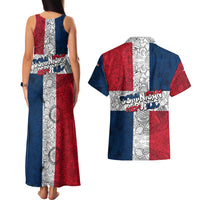 Dominican Republic Flag Couples Matching Tank Maxi Dress and Hawaiian Shirt Red White and Blue Pattern with National Emblem and Tribal Design - Wonder Print Shop