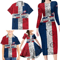 Dominican Republic Flag Family Matching Long Sleeve Bodycon Dress and Hawaiian Shirt Red White and Blue Pattern with National Emblem and Tribal Design - Wonder Print Shop