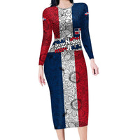 Dominican Republic Flag Family Matching Long Sleeve Bodycon Dress and Hawaiian Shirt Red White and Blue Pattern with National Emblem and Tribal Design - Wonder Print Shop