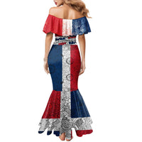 Dominican Republic Flag Family Matching Mermaid Dress and Hawaiian Shirt Red White and Blue Pattern with National Emblem and Tribal Design - Wonder Print Shop