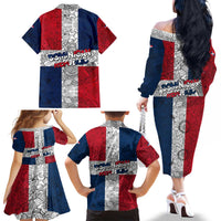 Dominican Republic Flag Family Matching Off The Shoulder Long Sleeve Dress and Hawaiian Shirt Red White and Blue Pattern with National Emblem and Tribal Design - Wonder Print Shop