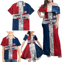 Dominican Republic Flag Family Matching Off Shoulder Maxi Dress and Hawaiian Shirt Red White and Blue Pattern with National Emblem and Tribal Design - Wonder Print Shop