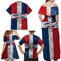 Dominican Republic Flag Family Matching Off Shoulder Maxi Dress and Hawaiian Shirt Red White and Blue Pattern with National Emblem and Tribal Design - Wonder Print Shop