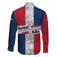Dominican Republic Flag Family Matching Off Shoulder Maxi Dress and Hawaiian Shirt Red White and Blue Pattern with National Emblem and Tribal Design - Wonder Print Shop