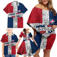 Dominican Republic Flag Family Matching Off Shoulder Short Dress and Hawaiian Shirt Red White and Blue Pattern with National Emblem and Tribal Design - Wonder Print Shop