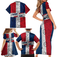 Dominican Republic Flag Family Matching Short Sleeve Bodycon Dress and Hawaiian Shirt Red White and Blue Pattern with National Emblem and Tribal Design - Wonder Print Shop