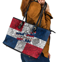 Dominican Republic Flag Leather Tote Bag Red White and Blue Pattern with National Emblem and Tribal Design - Wonder Print Shop