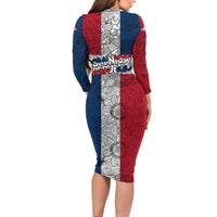Dominican Republic Flag Long Sleeve Bodycon Dress Red White and Blue Pattern with National Emblem and Tribal Design - Wonder Print Shop