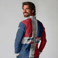 Dominican Republic Flag Long Sleeve Polo Shirt Red White and Blue Pattern with National Emblem and Tribal Design - Wonder Print Shop