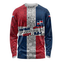 Dominican Republic Flag Long Sleeve Shirt Red White and Blue Pattern with National Emblem and Tribal Design - Wonder Print Shop