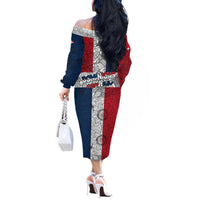 Dominican Republic Flag Off The Shoulder Long Sleeve Dress Red White and Blue Pattern with National Emblem and Tribal Design - Wonder Print Shop