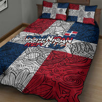 Dominican Republic Flag Quilt Bed Set Red White and Blue Pattern with National Emblem and Tribal Design - Wonder Print Shop