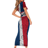 Dominican Republic Flag Short Sleeve Bodycon Dress Red White and Blue Pattern with National Emblem and Tribal Design - Wonder Print Shop