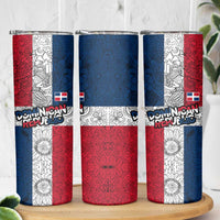 Dominican Republic Flag Skinny Tumbler Red White and Blue Pattern with National Emblem and Tribal Design - Wonder Print Shop
