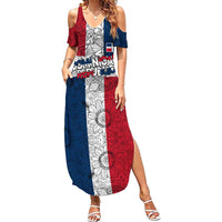 Dominican Republic Flag Summer Maxi Dress Red White and Blue Pattern with National Emblem and Tribal Design - Wonder Print Shop