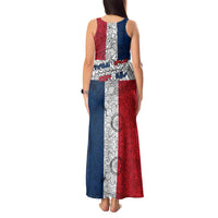 Dominican Republic Flag Tank Maxi Dress Red White and Blue Pattern with National Emblem and Tribal Design - Wonder Print Shop