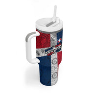 Dominican Republic Flag Tumbler With Handle Red White and Blue Pattern with National Emblem and Tribal Design - Wonder Print Shop
