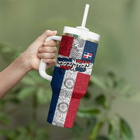 Dominican Republic Flag Tumbler With Handle Red White and Blue Pattern with National Emblem and Tribal Design - Wonder Print Shop