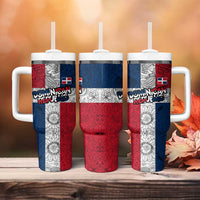 Dominican Republic Flag Tumbler With Handle Red White and Blue Pattern with National Emblem and Tribal Design - Wonder Print Shop