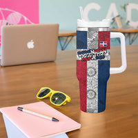 Dominican Republic Flag Tumbler With Handle Red White and Blue Pattern with National Emblem and Tribal Design - Wonder Print Shop