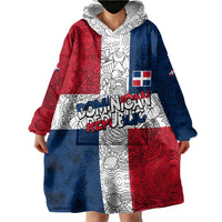 Dominican Republic Flag Wearable Blanket Hoodie Red White and Blue Pattern with National Emblem and Tribal Design - Wonder Print Shop