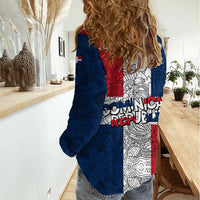 Dominican Republic Flag Women Casual Shirt Red White and Blue Pattern with National Emblem and Tribal Design - Wonder Print Shop
