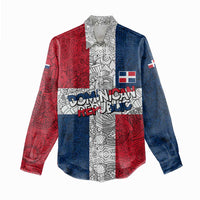 Dominican Republic Flag Women Casual Shirt Red White and Blue Pattern with National Emblem and Tribal Design - Wonder Print Shop