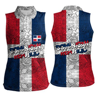 Dominican Republic Flag Women Sleeveless Polo Shirt Red White and Blue Pattern with National Emblem and Tribal Design - Wonder Print Shop