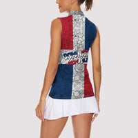 Dominican Republic Flag Women Sleeveless Polo Shirt Red White and Blue Pattern with National Emblem and Tribal Design - Wonder Print Shop