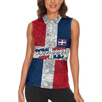 Dominican Republic Flag Women Sleeveless Polo Shirt Red White and Blue Pattern with National Emblem and Tribal Design - Wonder Print Shop