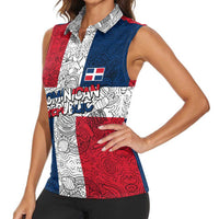 Dominican Republic Flag Women Sleeveless Polo Shirt Red White and Blue Pattern with National Emblem and Tribal Design - Wonder Print Shop