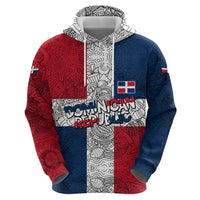 Dominican Republic Flag Zip Hoodie Red White and Blue Pattern with National Emblem and Tribal Design - Wonder Print Shop