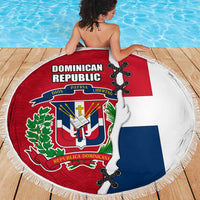 Dominican Republic Flag Half Zip Design Beach Blanket with Coat of Arms and Taino Symbol - Wonder Print Shop
