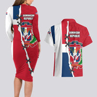 Dominican Republic Flag Half Zip Design Couples Matching Long Sleeve Bodycon Dress and Hawaiian Shirt with Coat of Arms and Taino Symbol - Wonder Print Shop